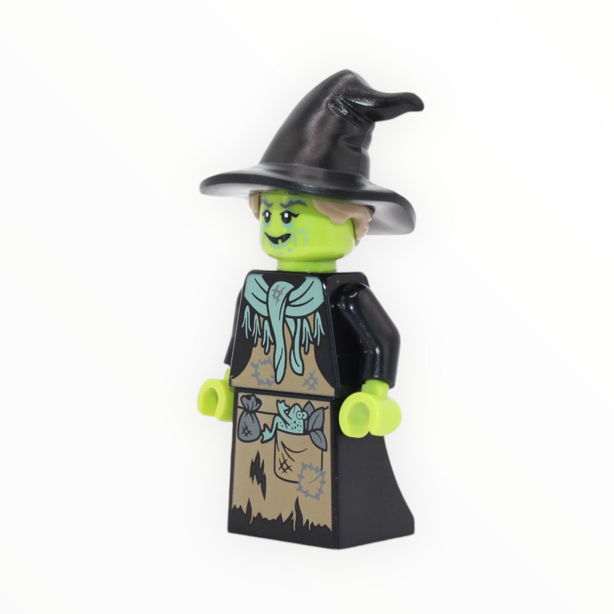 Witch (lime green skin, black dress, dark tan apron)