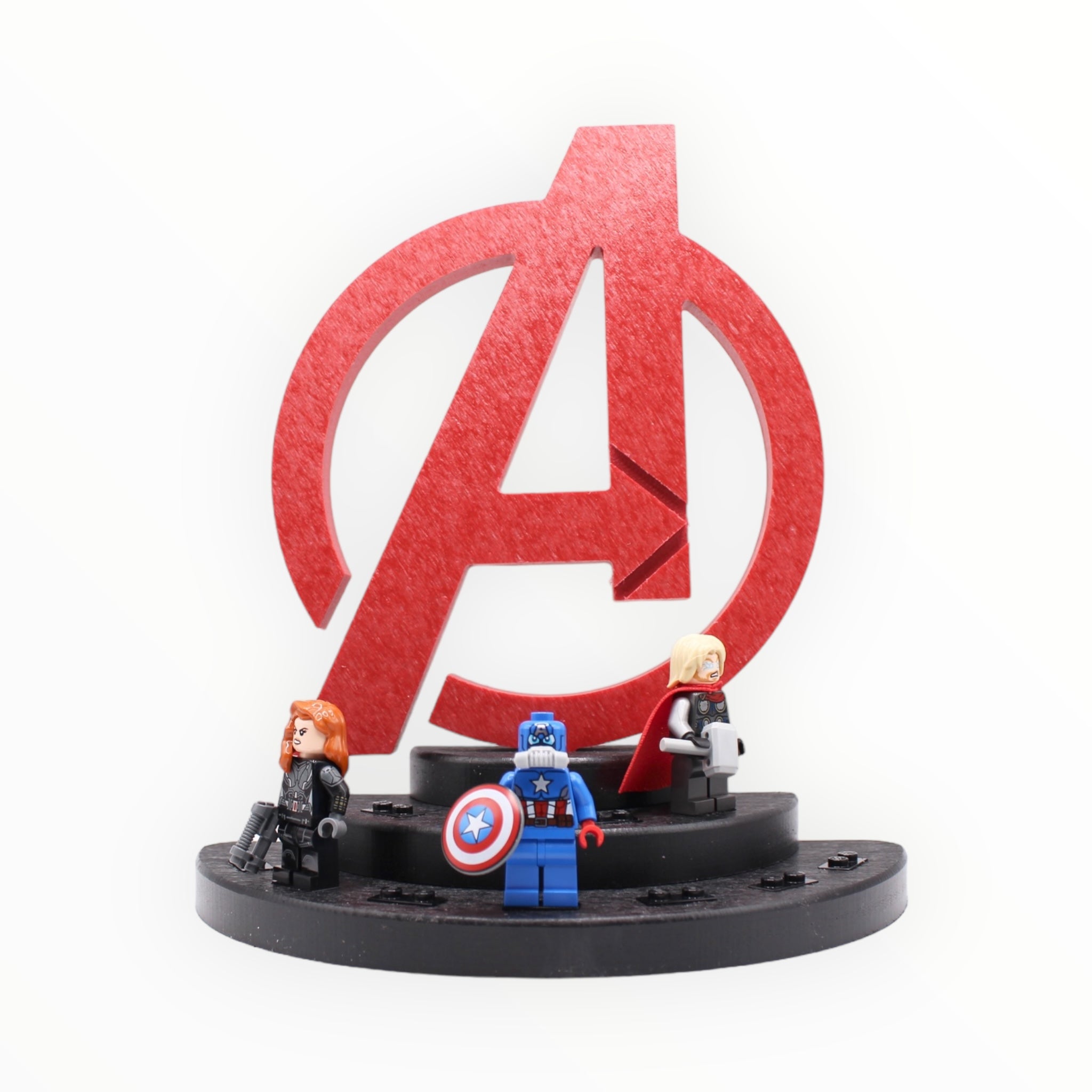 Avengers-Themed Minifigure Display Stand (red and black)