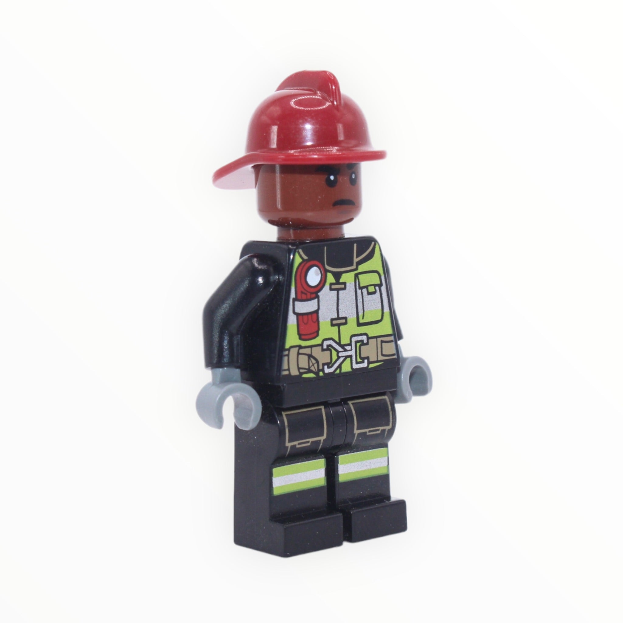 Firefighter (Far From Home, reddish brown head, dark red helmet, reflective stripes)